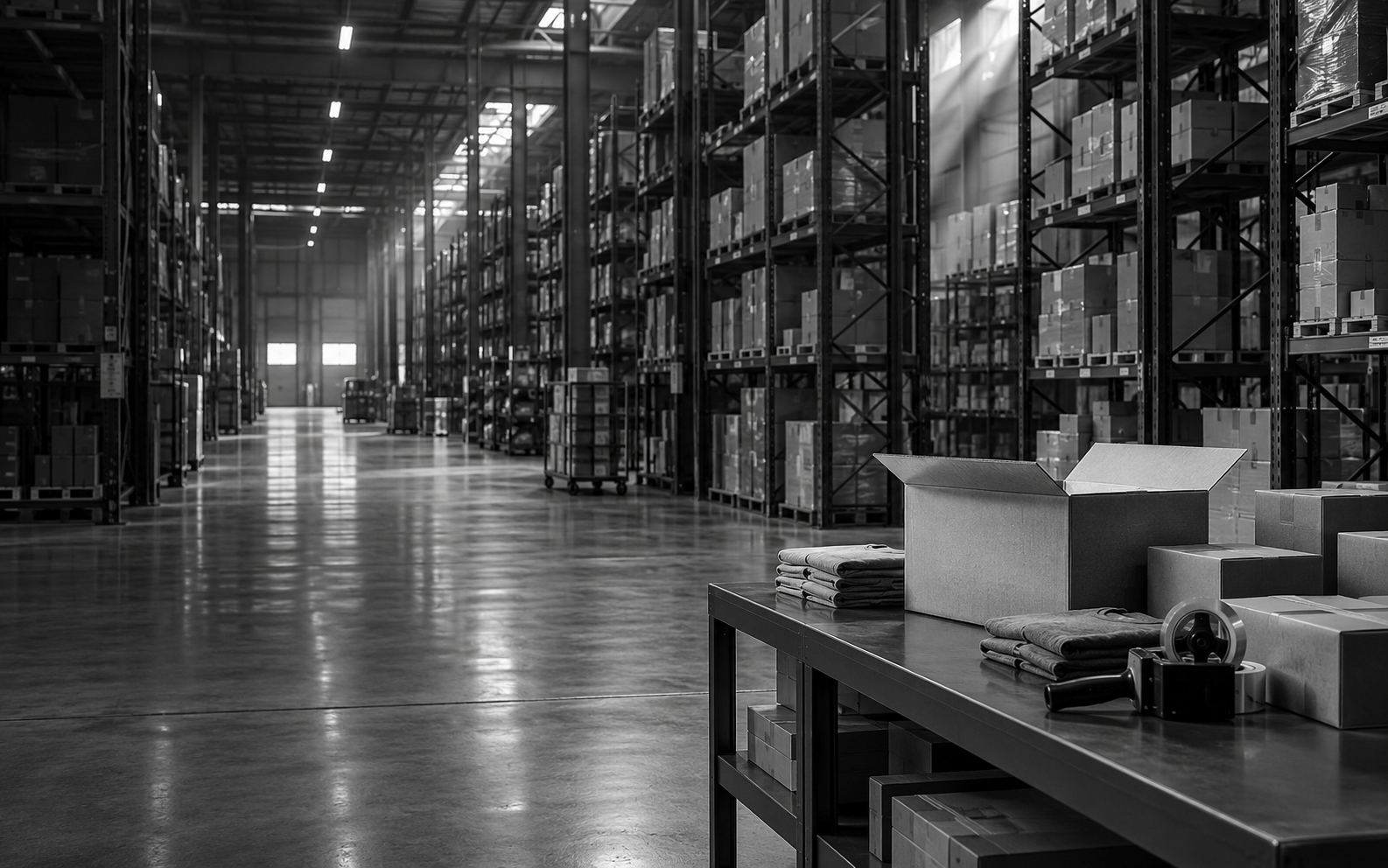 Monochrome warehouse concept with organized storage shelves and a packing station